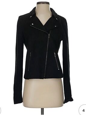 NIC+ZOE Black Knit-Sleeve Asymmetrical Zip Jacket